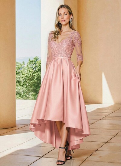 A-Line V-Neck 3/4 Sleeves Asymmetrical Lace Mother Of The Bride Dresses