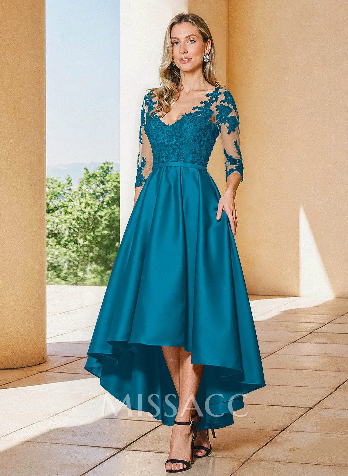 A-Line V-Neck 3/4 Sleeves Asymmetrical Lace Mother Of The Bride