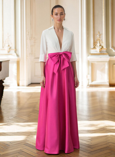 A-Line V-Neck 1/2 Sleeves Satin Mother Of The Bride Dresses With Bow(s)