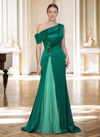 Elegant Asymmetrical Neckline Pleated Sweep Train Satin/Chiffon Mother Of The Bride Dresses With Pleated