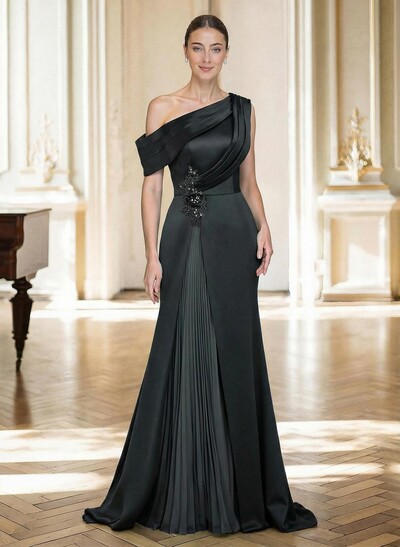 Elegant Asymmetrical Neckline Pleated Sweep Train Satin/Chiffon Mother Of The Bride Dresses With Pleated