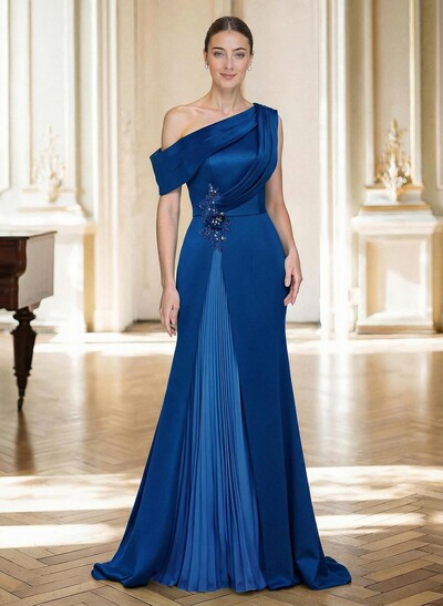 Elegant Asymmetrical Neckline Pleated Sweep Train Satin/Chiffon Mother Of The Bride Dresses With Pleated