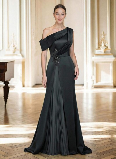 Elegant Asymmetrical Neckline Pleated Sweep Train Satin/Chiffon Mother Of The Bride Dresses With Pleated