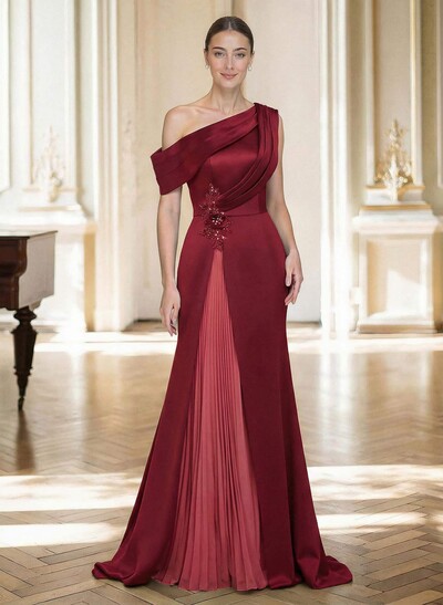 Elegant Asymmetrical Neckline Pleated Sweep Train Satin/Chiffon Mother Of The Bride Dresses With Pleated
