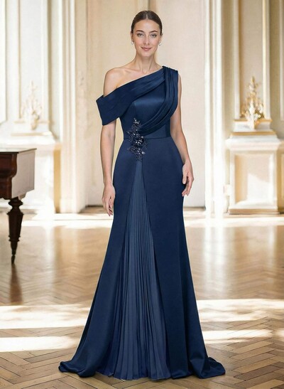 Elegant Asymmetrical Neckline Pleated Sweep Train Satin/Chiffon Mother Of The Bride Dresses With Pleated