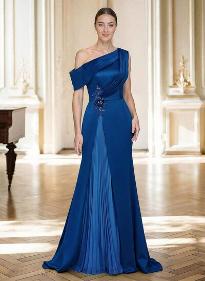 Elegant Asymmetrical Neckline Pleated Sweep Train Satin/Chiffon Mother Of The Bride Dresses With Pleated