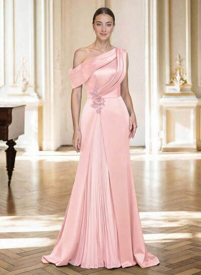 Elegant Asymmetrical Neckline Pleated Sweep Train Satin/Chiffon Mother Of The Bride Dresses With Pleated