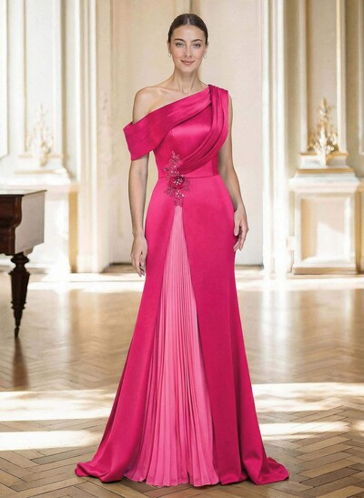 Elegant Asymmetrical Neckline Pleated Sweep Train Satin/Chiffon Mother Of The Bride Dresses With Pleated