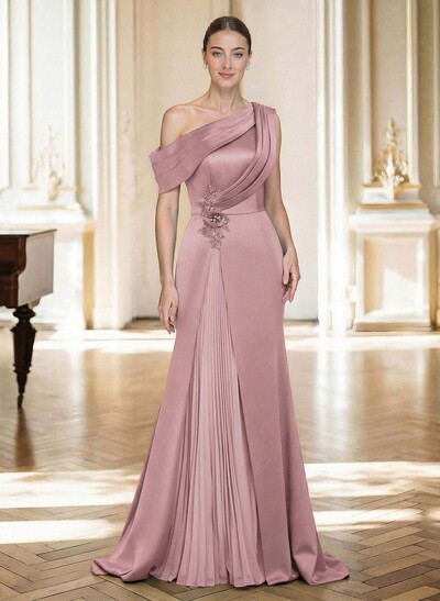 Elegant Asymmetrical Neckline Pleated Sweep Train Satin/Chiffon Mother Of The Bride Dresses With Pleated