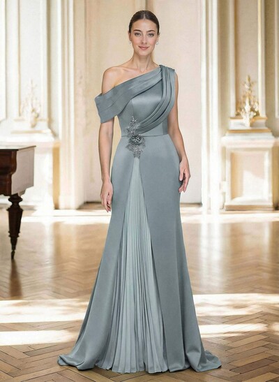 Elegant Asymmetrical Neckline Pleated Sweep Train Satin/Chiffon Mother Of The Bride Dresses With Pleated
