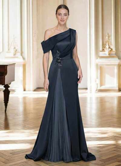Elegant Asymmetrical Neckline Pleated Sweep Train Satin/Chiffon Mother Of The Bride Dresses With Pleated