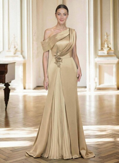 Elegant Asymmetrical Neckline Pleated Sweep Train Satin/Chiffon Mother Of The Bride Dresses With Pleated