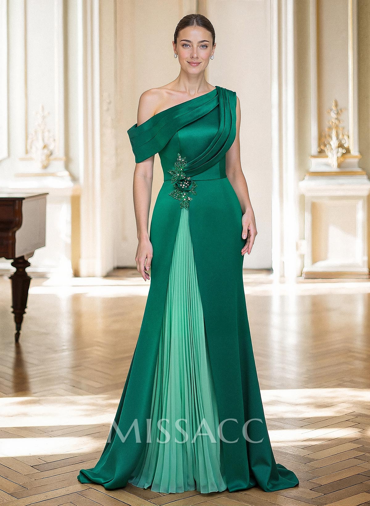 Elegant Asymmetrical Neckline Pleated Sweep Train Satin/Chiffon Mother Of The Bride Dresses With Pleated