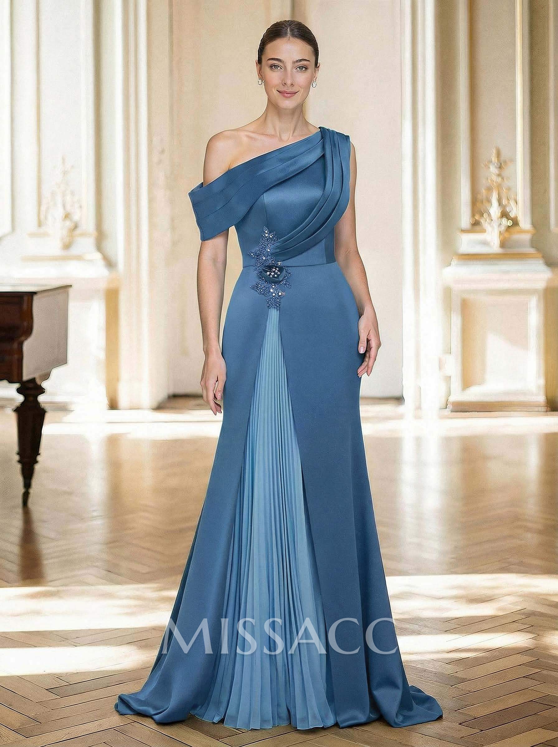 Elegant Asymmetrical Neckline Pleated Sweep Train Satin/Chiffon Mother Of The Bride Dresses With Pleated