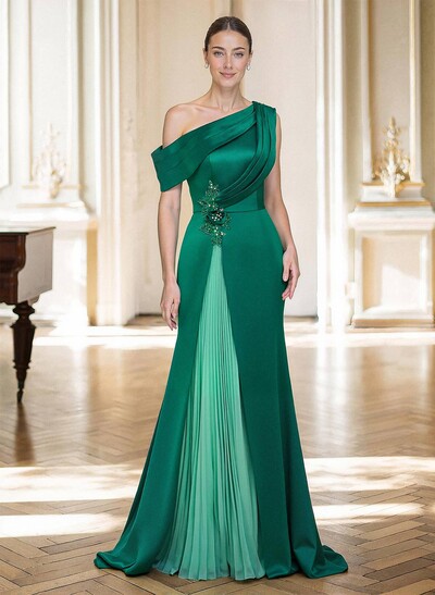 Elegant Asymmetrical Neckline Pleated Sweep Train Satin/Chiffon Mother Of The Bride Dresses With Pleated
