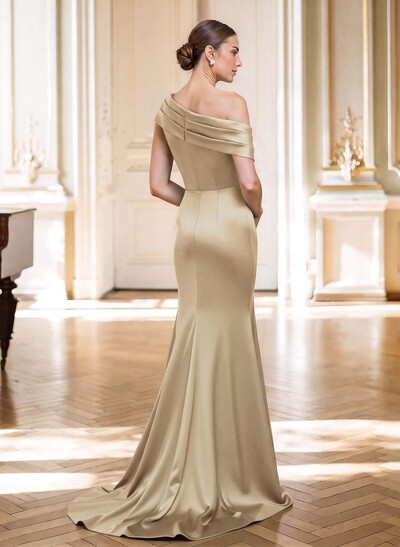 Elegant Asymmetrical Neckline Pleated Sweep Train Satin/Chiffon Mother Of The Bride Dresses With Pleated