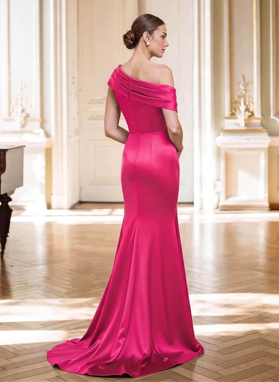 Elegant Asymmetrical Neck Pleated Satin and Chiffon Mother of the Bride Dress with Sweep Train
