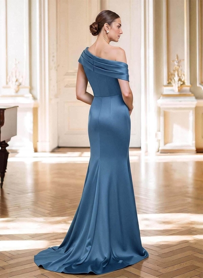 Elegant Asymmetrical Neckline Pleated Satin/Chiffon Mother of the Bride Dress with Sweep Train