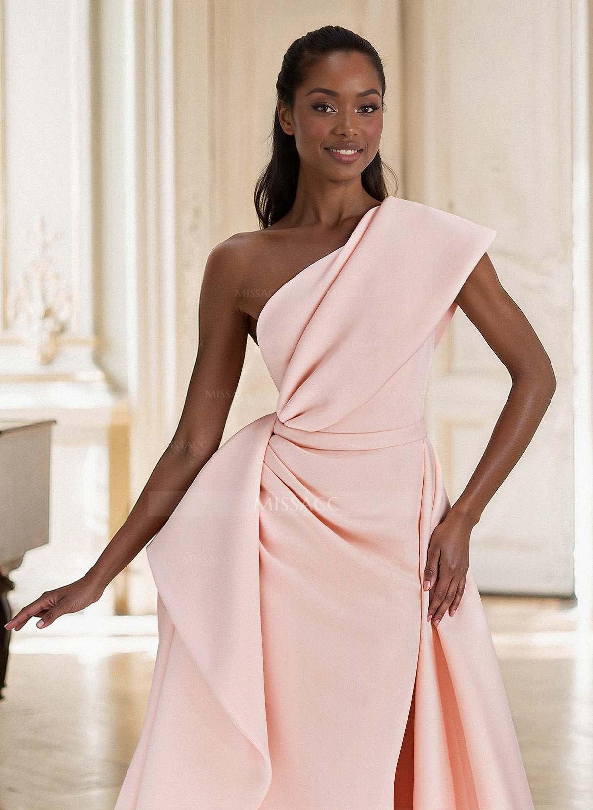 Sheath/Column One-Shoulder Sleeveless Sweep Train Elastic Satin Mother Of The Bride Dresses