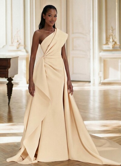 Sheath/Column One-Shoulder Sleeveless Sweep Train Elastic Satin Mother Of The Bride Dresses