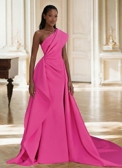 Sheath/Column One-Shoulder Sleeveless Sweep Train Elastic Satin Mother Of The Bride Dresses