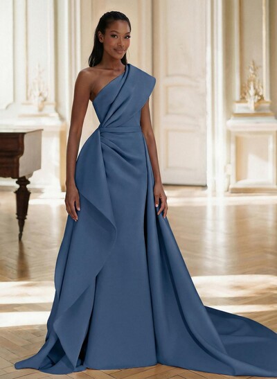 Sheath/Column One-Shoulder Sleeveless Sweep Train Elastic Satin Mother Of The Bride Dresses