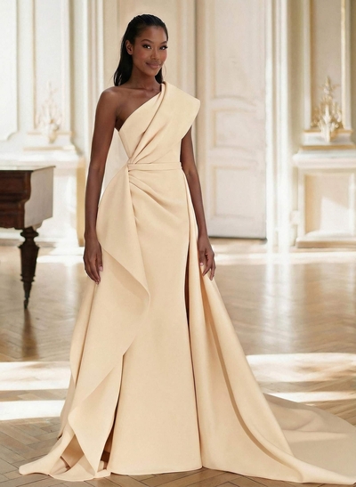 Sheath/Column One-Shoulder Sleeveless Sweep Train Elastic Satin Mother Of The Bride Dresses