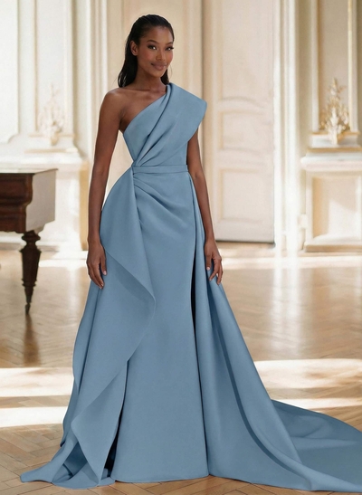 Sheath/Column One-Shoulder Sleeveless Sweep Train Elastic Satin Mother Of The Bride Dresses