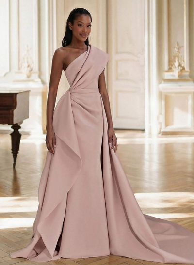 Sheath/Column One-Shoulder Sleeveless Sweep Train Elastic Satin Mother Of The Bride Dresses