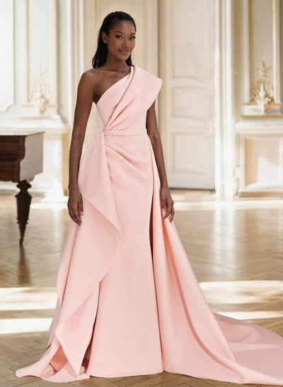 Sheath/Column One-Shoulder Sleeveless Sweep Train Elastic Satin Mother Of The Bride Dresses