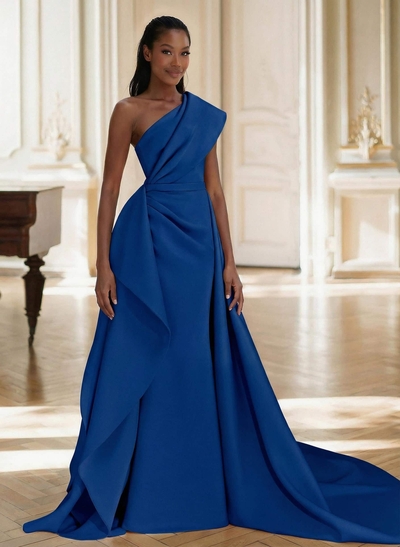 Sheath/Column One-Shoulder Sleeveless Sweep Train Elastic Satin Mother Of The Bride Dresses
