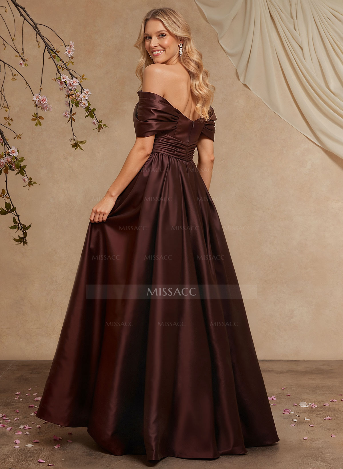 A-Line Off-The-Shoulder Sleeveless Floor-Length Satin Mother Of The Bride Dresses With Pleated