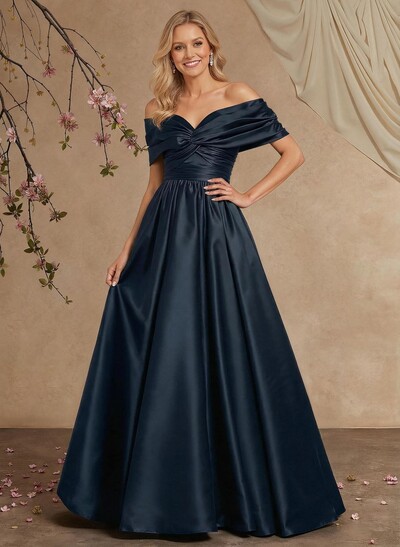 A-Line Off-The-Shoulder Sleeveless Floor-Length Satin Mother Of The Bride Dresses With Pleated