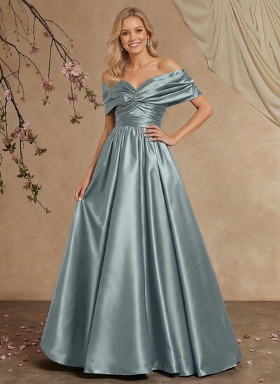 A-Line Off-The-Shoulder Sleeveless Floor-Length Satin Mother Of The Bride Dresses With Pleated