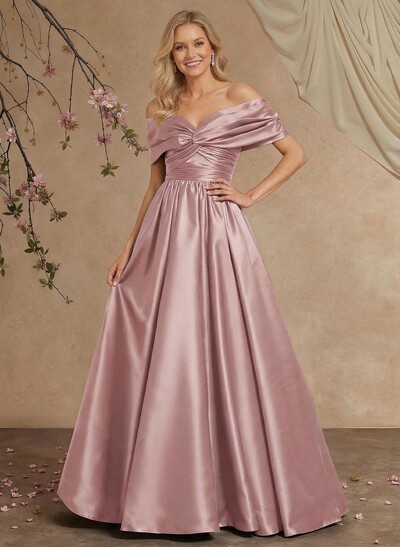 A-Line Off-The-Shoulder Sleeveless Floor-Length Satin Mother Of The Bride Dresses With Pleated