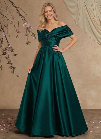 A-Line Off-The-Shoulder Sleeveless Floor-Length Satin Mother Of The Bride Dresses With Pleated