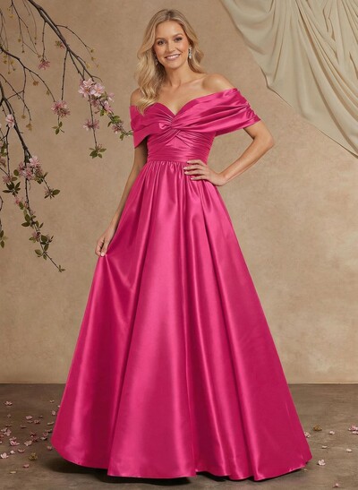 A-Line Off-The-Shoulder Sleeveless Floor-Length Satin Mother Of The Bride Dresses With Pleated