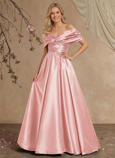 A-Line Off-The-Shoulder Sleeveless Floor-Length Satin Mother Of The Bride Dresses With Pleated