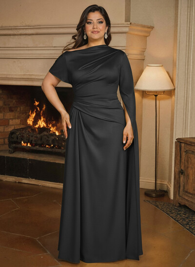 Sheath/Column Asymmetrical Short Sleeves Crepe Satin Mother Of The Bride Dresses