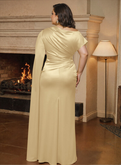Sheath/Column Asymmetrical Short Sleeves Crepe Satin Mother Of The Bride Dresses