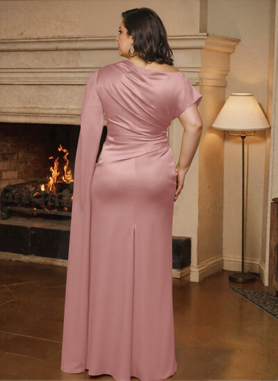 Sheath/Column Asymmetrical Short Sleeves Crepe Satin Mother Of The Bride Dresses