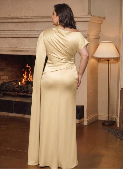 Sheath/Column Asymmetrical Short Sleeves Crepe Satin Mother Of The Bride Dresses