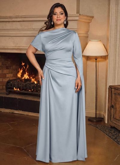 Sheath/Column Asymmetrical Short Sleeves Crepe Satin Mother Of The Bride Dresses
