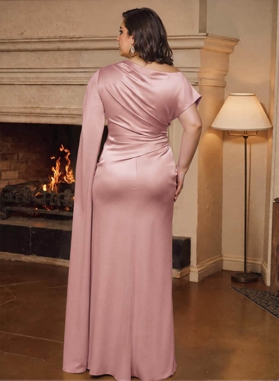 Sheath/Column Asymmetrical Short Sleeves Crepe Satin Mother Of The Bride Dresses