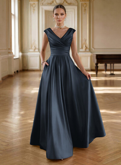 Elegant A-Line V-Neck Ruched Waist Floor-Length Satin Mother Of The Bride Dresses