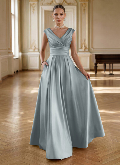 Elegant A-Line V-Neck Ruched Waist Floor-Length Satin Mother Of The Bride Dresses
