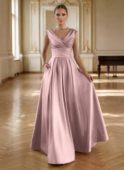 Elegant A-Line V-Neck Ruched Waist Floor-Length Satin Mother Of The Bride Dresses