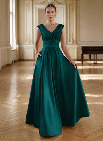 Elegant A-Line V-Neck Ruched Waist Floor-Length Satin Mother Of The Bride Dresses
