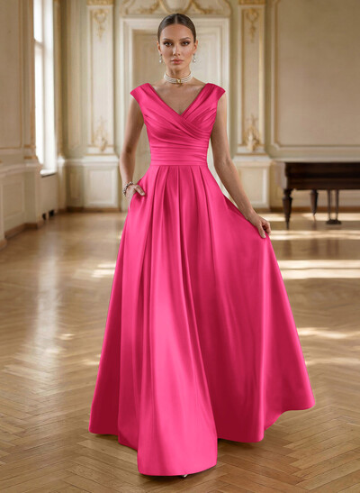 Elegant A-Line V-Neck Ruched Waist Floor-Length Satin Mother Of The Bride Dresses
