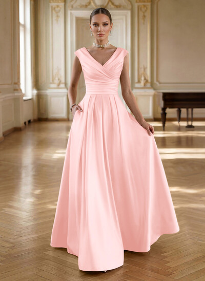 Elegant A-Line V-Neck Ruched Waist Floor-Length Satin Mother Of The Bride Dresses